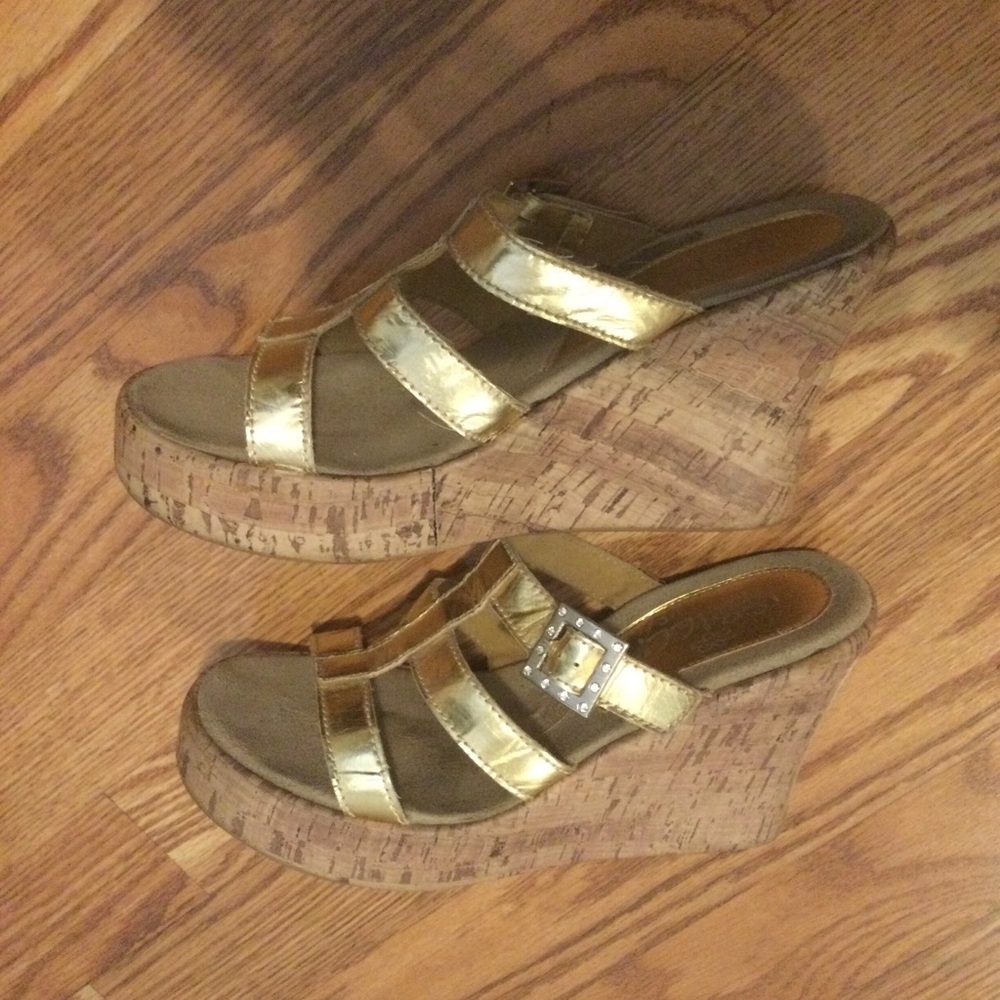 Gold Metallic Strappy Cork Wedge Sandals - Women